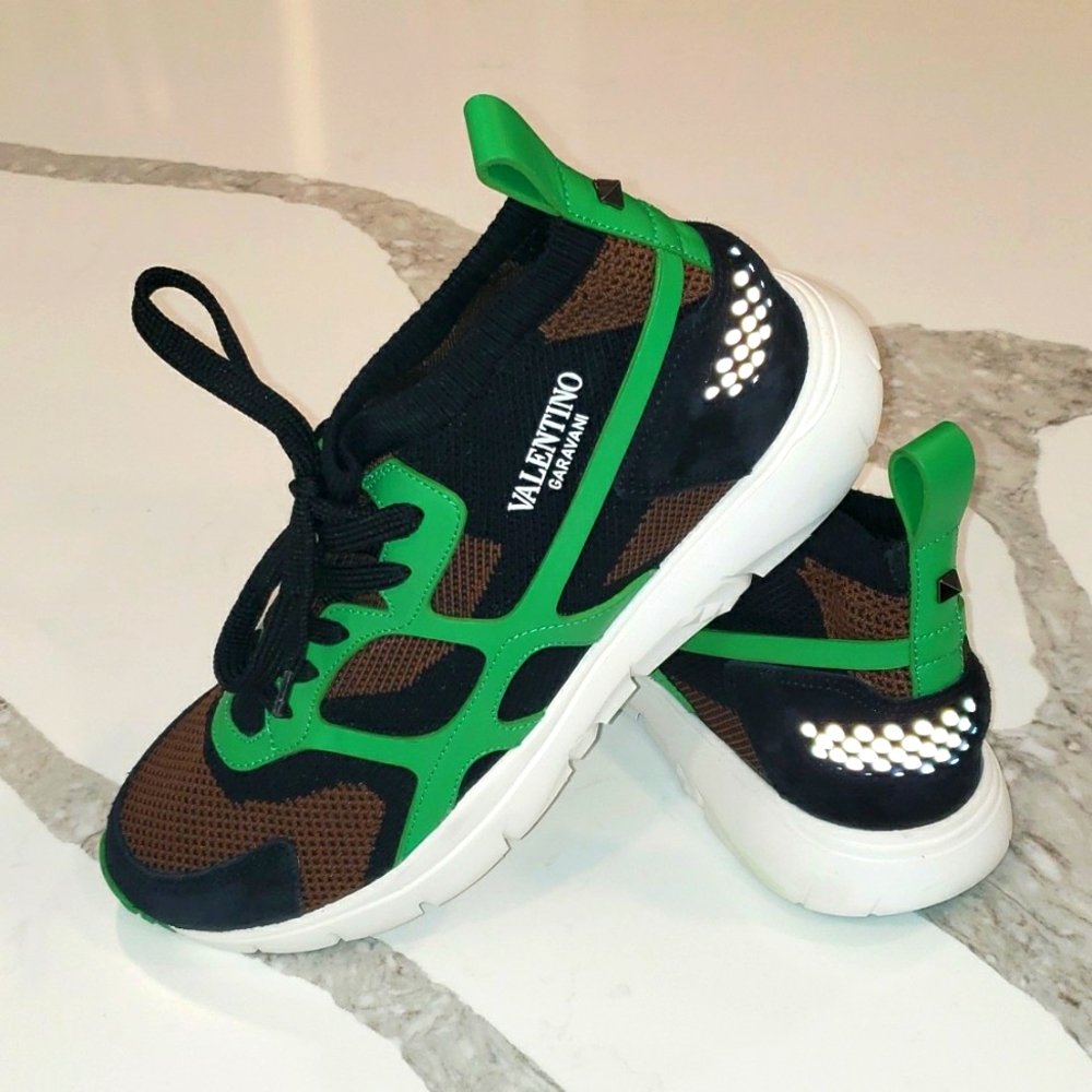 VALENTINO Garavani Black Brown Green Stretch Mesh High Top Sneakers Size 41
